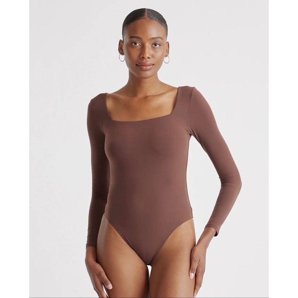 Quince M Second Skin Square Neck Long Sleeve Bodysuit Cocoa Stretch